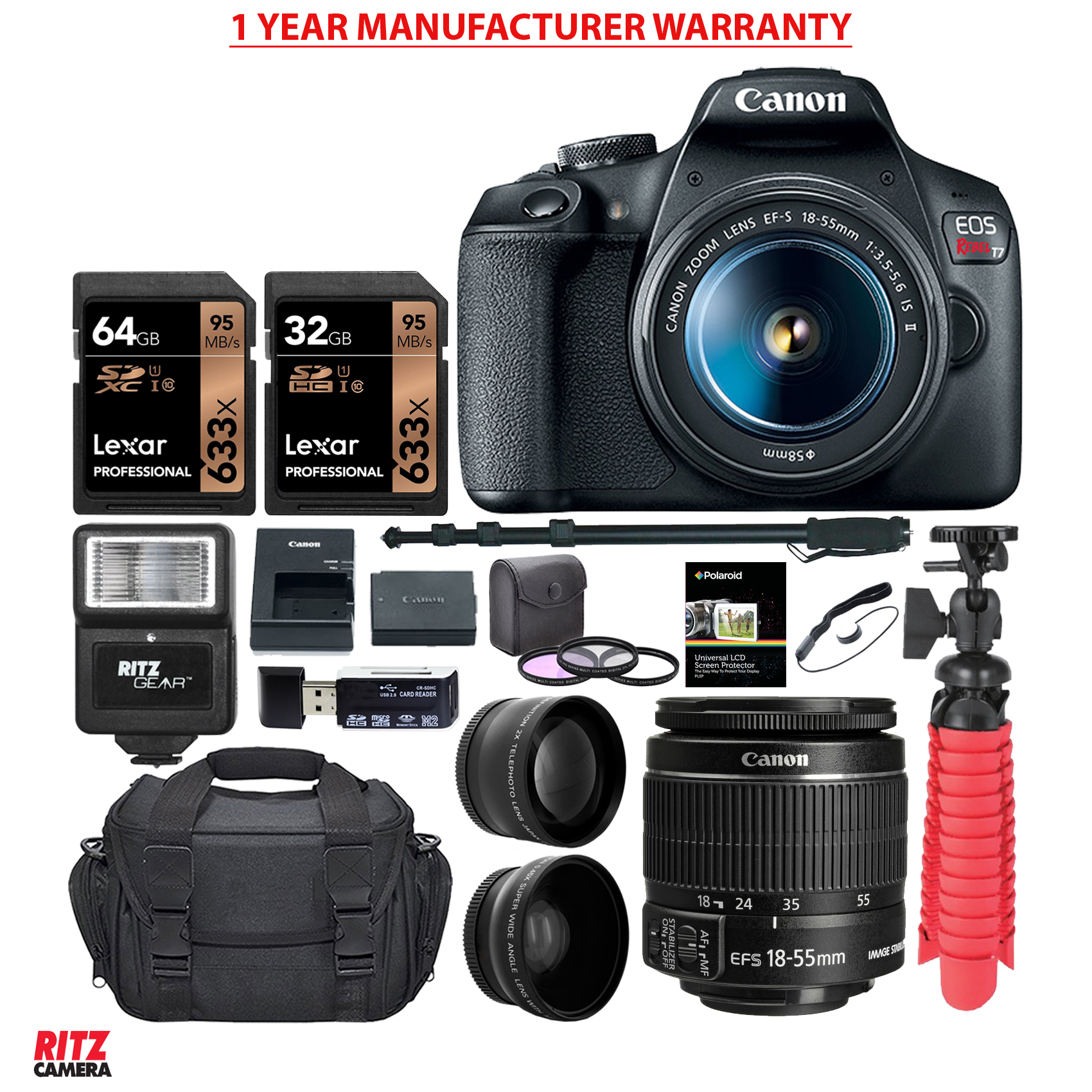 Canon EOS Rebel T7 EFS 1855mm is II Lens with Memory Cards, Monopod