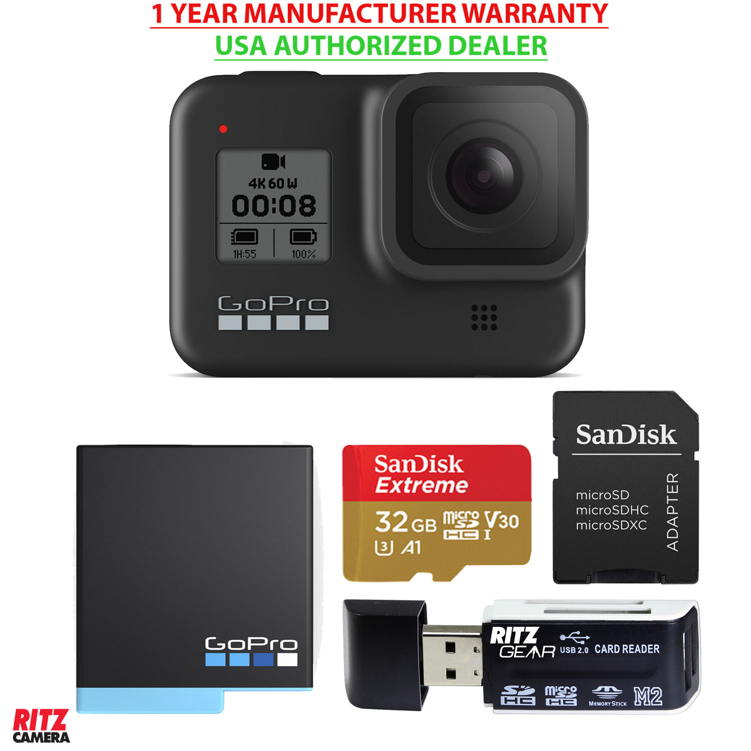 Gopro Hero 8 Black Action Camera Memory Spare Battery And Card Reader Chdhx801 Ebay